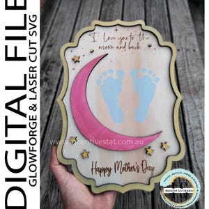 Love you to moon Gepersonaliseerde voetafdruk pasgeboren geboortekaartje SVG laserteken digitaal gegraveerd baby aandenken voor moeder plaquette Record Stat