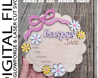 Teken geboortestatistieken baby SVG | Cocktailstrik, madeliefjes (digitale download) | Glowforge-bestand