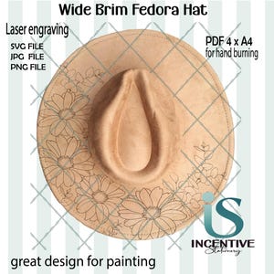 May include: A wide-brimmed fedora hat in a light tan color, featuring laser-engraved floral designs. The hat includes text that says "Laser engraving" and "great design for painting". The image also includes the text "SVG FILE, JPG FILE, PNG FILE".