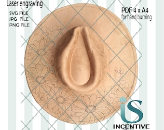 Daisy Fedora Hat Template, Suede Wide Brim, Engraving Burning Design (Digital Download)