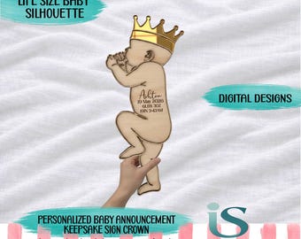 Baby 3D Silhouet Kroon SVG Levensgroot 1:1 Schaal Baby Omtrek Sjabloon Gepersonaliseerde Geboorteaankondiging Aandenken Lasergesneden Digitaal Ontwerp