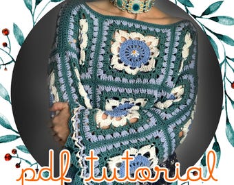 Granny square sweater crochet pattern, boho pullover tutorial, flower patchwork pullover, lace top