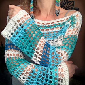 Long sleeve mesh top, crochet shrug, cropped fishnet top