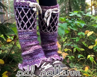 Crochet leg warmers pdf pattern, purple leg warmers tutorial, fairycore leg warmers