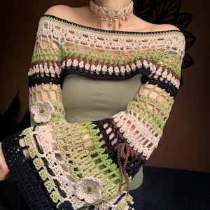 Crochet mesh crop top, long sleeve mesh top, crochet shrug, cropped fishnet bolero, women crochet top