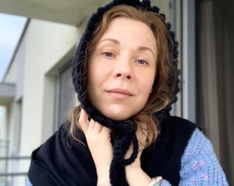 Black winter hat, crochet bonnet, chunky vintage style hood, black bonnet