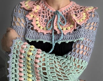 Coprispalle color pastello, top in rete con maniche svasate e colletto removibile, pullover corto boho, abiti civettuoli