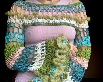 Colorful crochet bolero shrug with long sleeves, festival outfit, mesh top