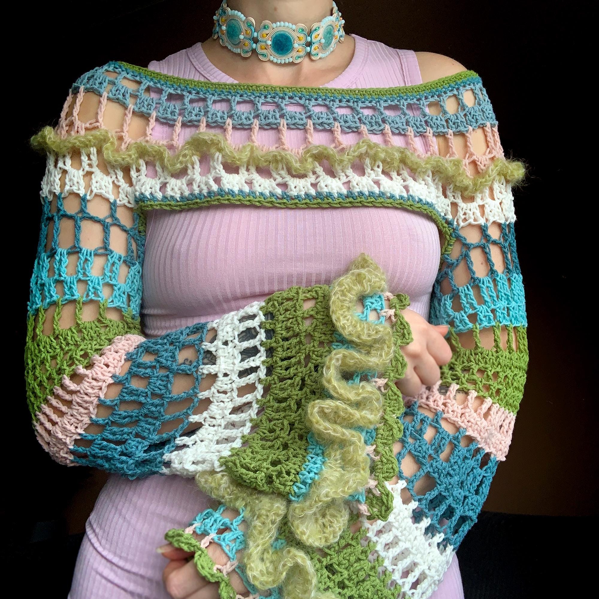 Colorful crochet bolero shrug with long sleeves, festival outfit, mesh top