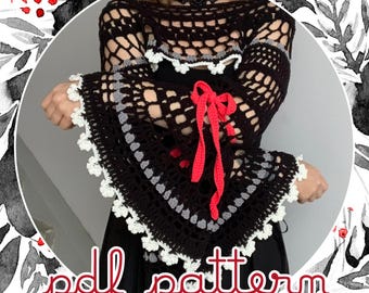 Patrón de ganchillo para bolero negro con mangas acampanadas, tutorial de bolero gótico, PDF para jersey, tutorial de suéter grunge