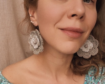 Crochet earrings, big flower earrings, light brown lightweight floral jewelry