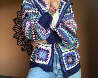 Granny square crochet cardigan with hood, merino wool cardigan