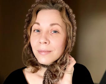 Brown bonnet, vintage style winter hood, crochet winter hat, chunky knit