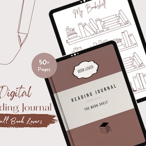 May include: A digital reading journal with over 50 pages, featuring a brown cover with the text "BOOK LOVER" and "READING JOURNAL THE BOOK SHELF". The cover also has a small illustration of a bookshelf with books.