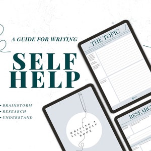 May include: A guide for writing self-help books with three digital pages on a white background. The pages are titled "The Topic", "Writing a Self-Help Book", and "Research".