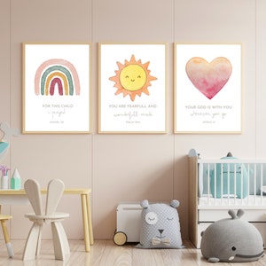 Bibel Vers Wandkunst, Christliche Kinderzimmer Dekor, Boho Aquarell Kinderzimmer Drucke, 3er Set, Spielzimmer Dekor, Kinderzimmer Dekor, Christliche Wandkunst