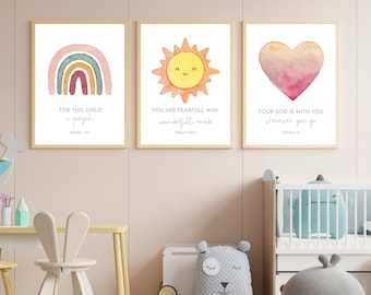 Bible Verse Wall Art, Nursery Christian Decor, Boho Watercolor Nursery Prints, Set of 3, Playroom Decor, Nursery Decor, Christian Wall Art