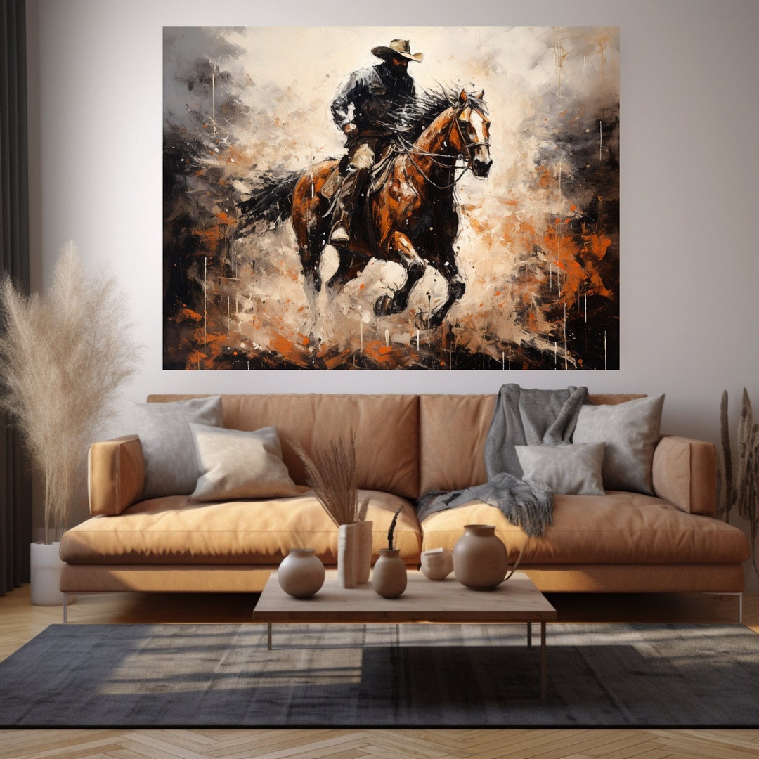 Cowboy With Rearing Horse Abstract Art Print - Western Decor (digital ...