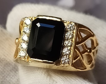 Black Onyx 14K Gold Mens Ring: Art Deco Wedding Band