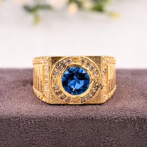 Stylish Blue Sapphire 14K Yellow Gold Mens Ring,  Blue sapphire Gold Ring, Wedding & Engagement Ring, Hand Made Ring For Men, Ring For Men