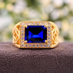 Stylish Sapphire 14K Yellow Gold Mens Ring,  Blue sapphire Gold Ring, Wedding & Engagement Ring, Hand Made Ring For Men, Gold Ring For Men