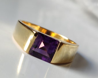 Natural Amethyst 14K Yellow Gold Mens Ring: Art Deco February Birthstone