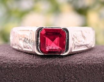 Pink Tourmaline Sterling Silver Men&#39;s Ring: Art Deco Wedding Band