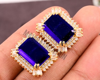 Blue Sapphire Sterling Silver Studs, Gold Rhodium Earrings, August Birthstone