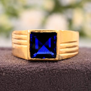 Stylish Sapphire 14K Yellow Gold Mens Ring,  Blue sapphire Gold Ring, Wedding & Engagement Ring, Hand Made Ring For Men, Gold Ring For Men