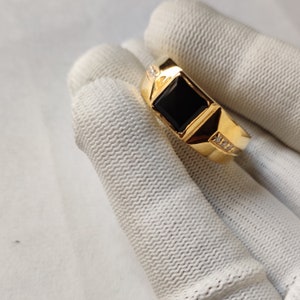 Natural Black Onyx Ring, 925 Silver Gold Plated Ring Square Black Onyx, Gift for Men, Minimalist Signet Ring, Men&#39;s Square Silver Ring,