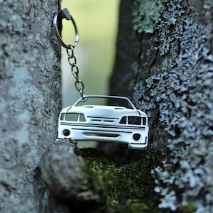 May include: A silver car-shaped keychain hangs between two tree trunks. The keychain is a detailed outline of a car's front, with headlights and a grille. The background is blurred, with green moss at the base of the trees.