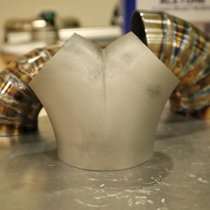 Dual Wastegate 45 Degree Merge Collector 316L Stainless – 1.75” Inlet to 2.5” Outlet | Turbo Fabrication Y Merge CNC 3D Metal Printed DMLS