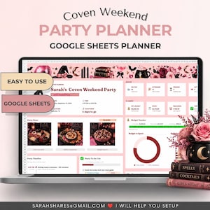 Peut inclure: Un planificateur de fête Coven Weekend numérique pour Google Sheets affiché sur un écran d'ordinateur portable. L'interface présente des accents roses, un en-tête à thème avec des icônes de sorcière, des budgets et des listes de tâches.