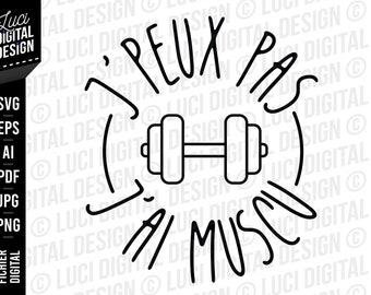 May include: Black and white illustration of a dumbbell with the text "Je peux pas j'ai muscu" around it.