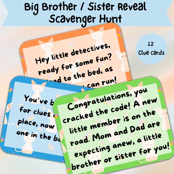 Printable Pregnancy Reveal Scavenger Hunt for siblings, New baby announcement for kids, Treasure Hunt clues for big sister and brother