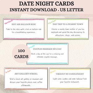 Date Night Ideas, 100 couple date cards, Anniversary gift, Date night cards for couples, Date night coupons, Date night jar printable cards