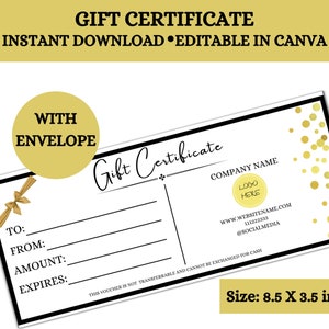Gift Certificate Template, Editable Gift certificate with envelope, Editable gift voucher, printable Gift card, DIY gift voucher