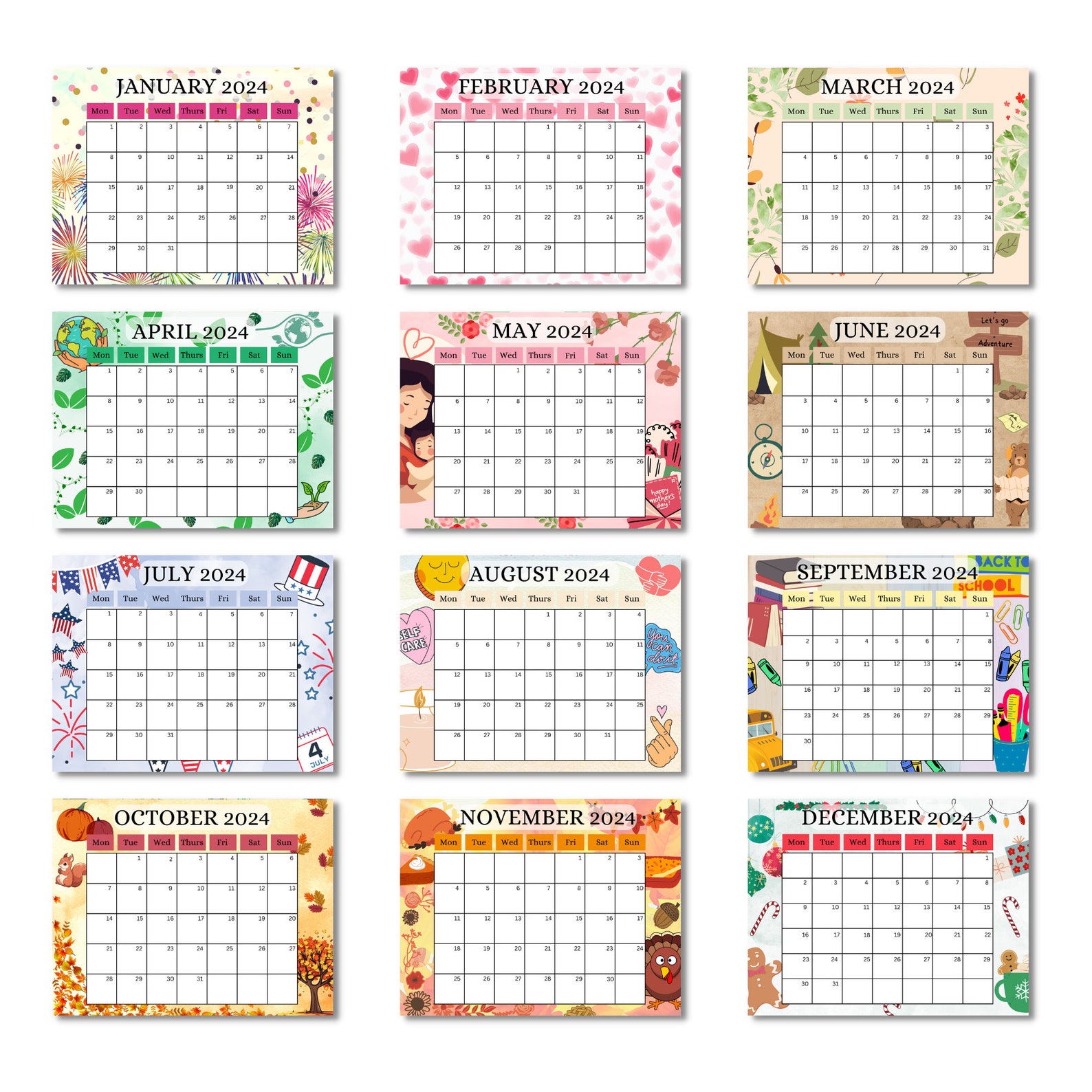 2024 Calendar, Printable Calendar 2024, Monthly Themed Calendar 2024 ...