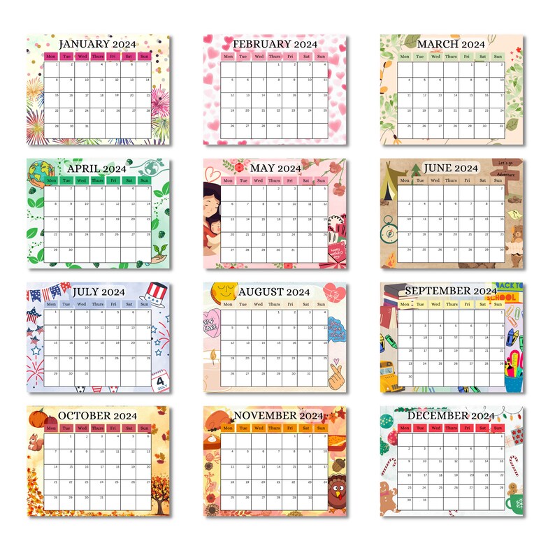 2024 Calendar, Printable Calendar 2024, Monthly Themed Calendar 2024
