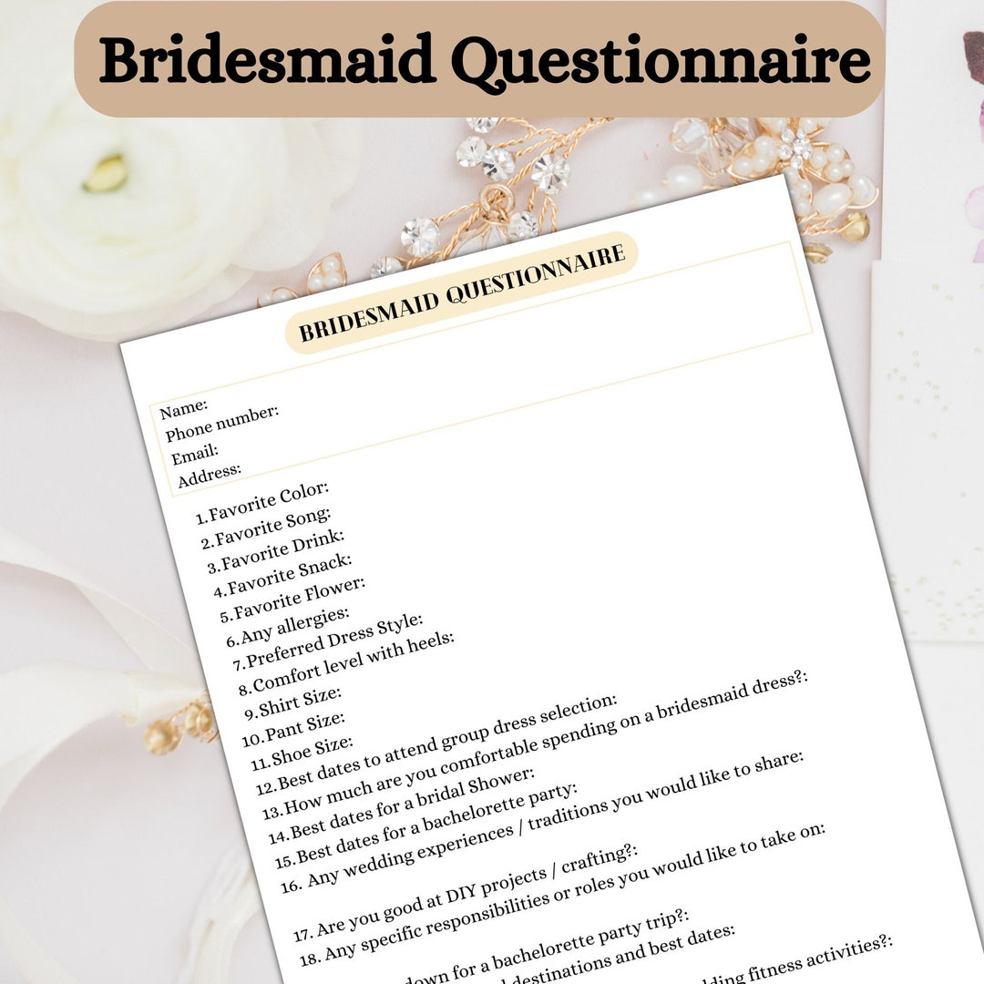 Bridesmaid Questionnaire, Wedding Planning Printable, Bridesmaid Bridesmaid Questionnaire, Wedding Planning Printable, Bridesmaid