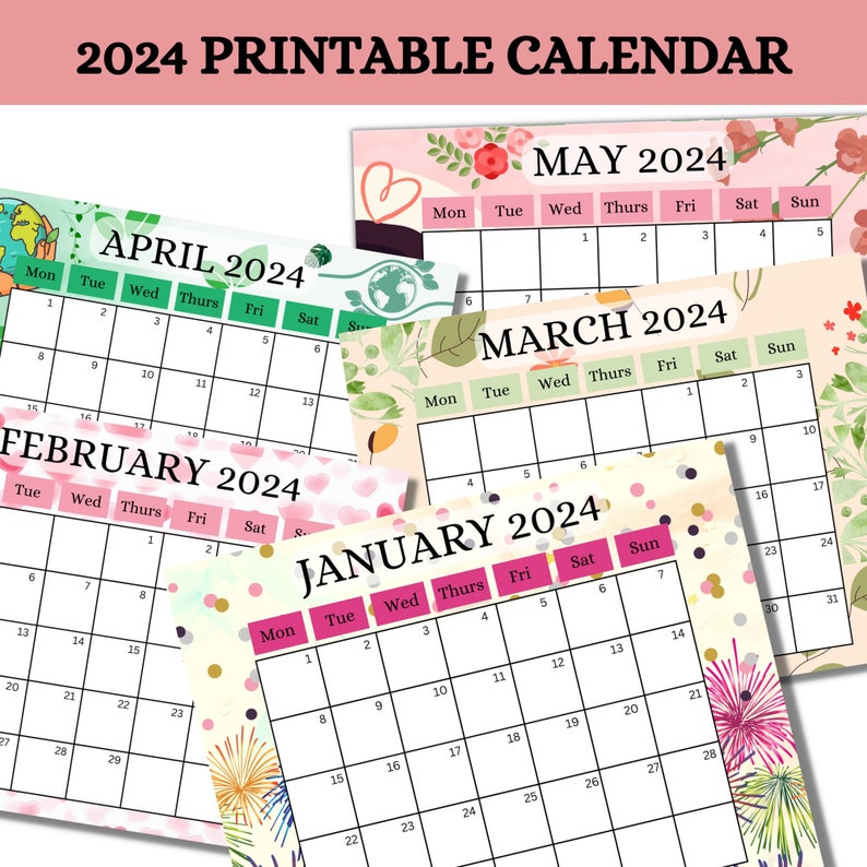 2024 Calendar, Printable Calendar 2024, Monthly Themed Calendar 2024