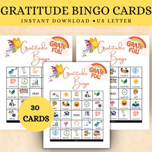Juego de bingo de gratitud, Actividad de gratitud, Juego de bingo de atención plena, Juego de gratitud, Juegos divertidos para fiestas, Juegos de cartas de bingo, Bingo de salud mental