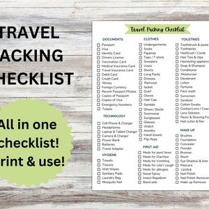 Travel Packing Checklist Printable, Travel packing list, packing checklist, travel checklist, Holiday packing checklist, Vacation packing