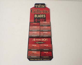 Espositore vintage del negozio pubblicitario Gillette da 4 lamette sottili da 10 centesimi