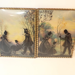 vintage pair of reverse painted 6x8 convex glass silhouette pictures