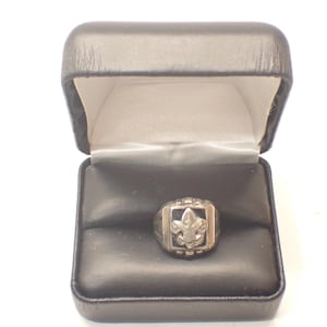 May include: A silver-toned ring with a fleur-de-lis emblem, displayed in an open black ring box with a satin interior. The ring has a square face with the emblem in the center.