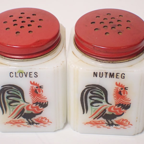 vintage mckee tipp city milk glass cloves & nutmeg shaker rooster never used