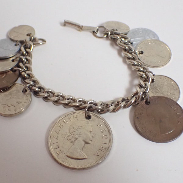 vintage gold tone coin charm bracelet w 10 different coins Queen Elizabeth great britian
