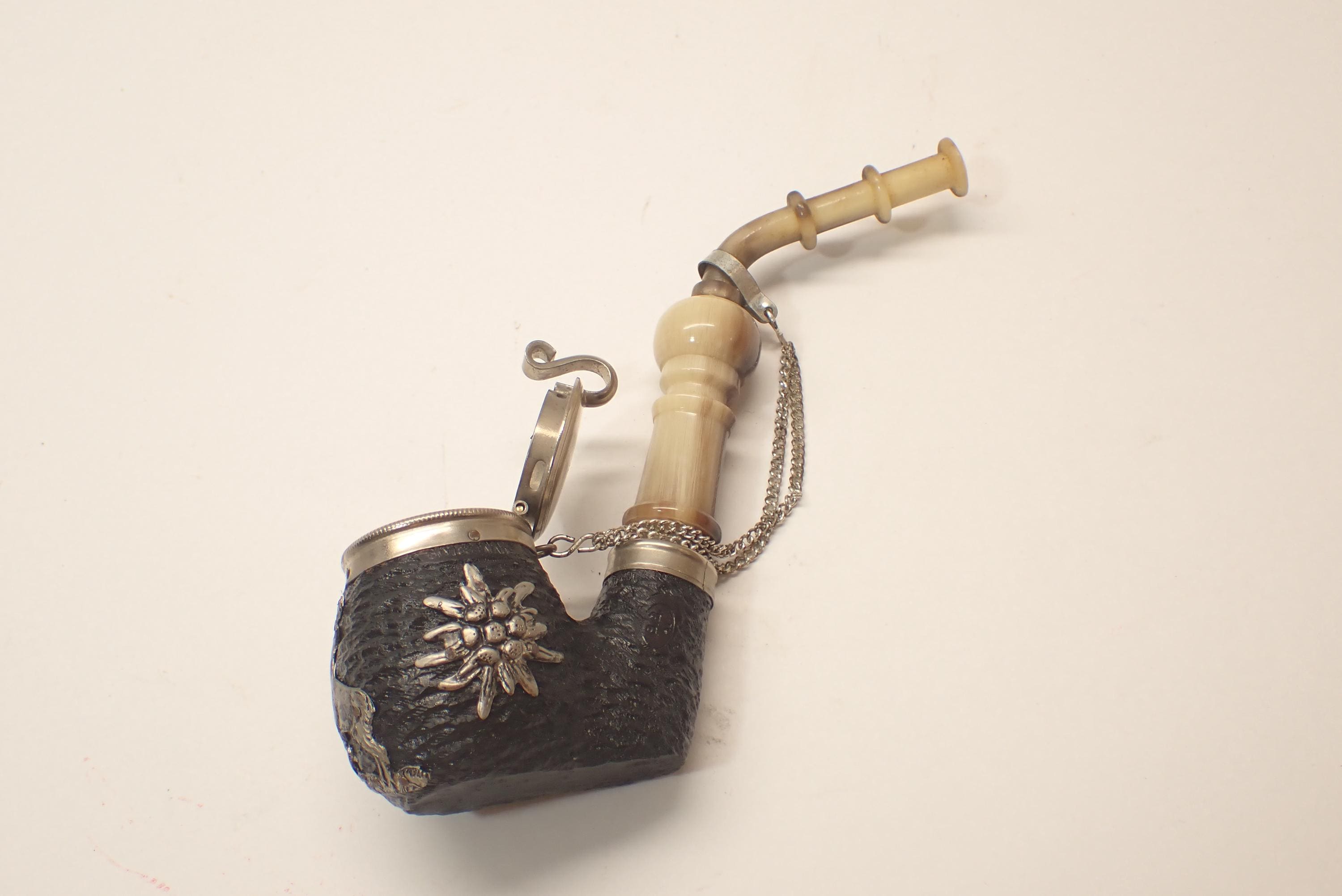 B B K Tobacco Pipe Removable Stem Hinged Metal Lid Swiss Made Deer