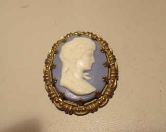 カメオピンブローチ ヴィンテージの美しい青と白のカメオ細工のブローチピン 2